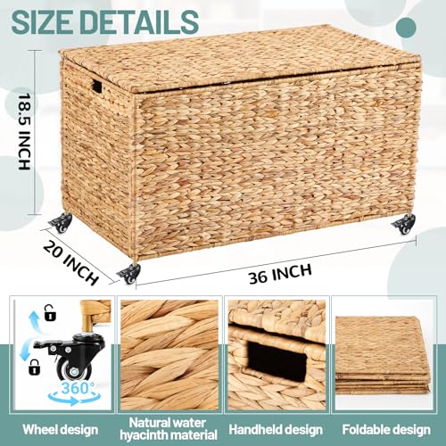 Rolling Woven Water Hyacinth Storage Trunk with Lid, 36-Inch Large Basket