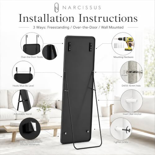57x20 Inch Full Length Mirror, 3-in-1 Over-the-Door, Wall & Floor Mirror