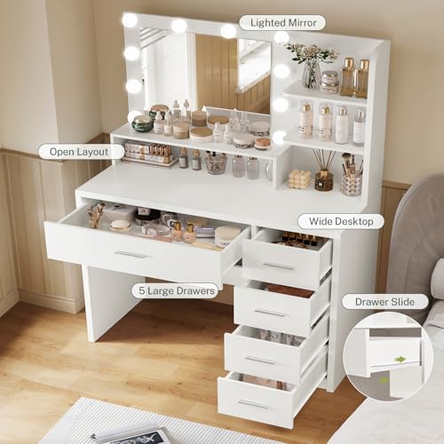 FIONESO White Makeup Vanity Desk with 5 Drawers & LED Lights - Adjustable Brightness & 3 Color Modes