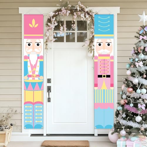 Pink Pastel Nutcracker Christmas Porch Banners - 12x71 Inch Front Door Sign Set