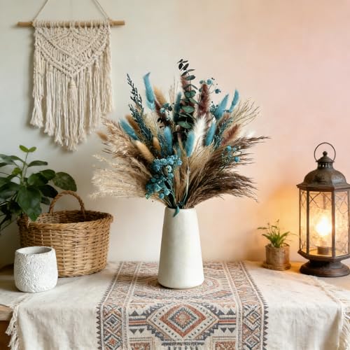 17-Inch Turquoise Dried Pampas Grass Bouquet - 60-Stem Boho Vase Filler