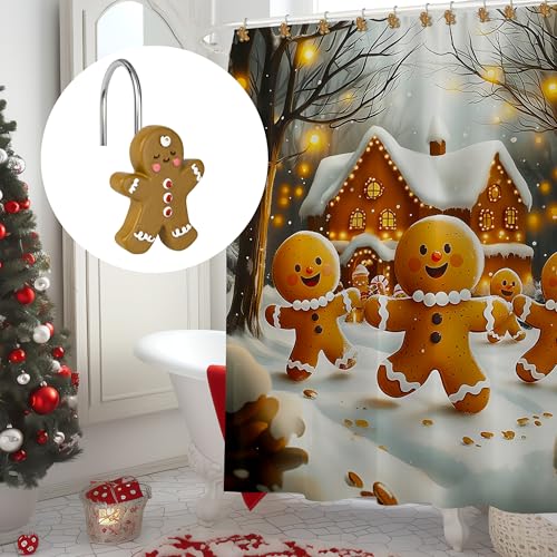 Sunlit Gingerbread Man Christmas Shower Curtain Hooks, Resin 12-Piece Set