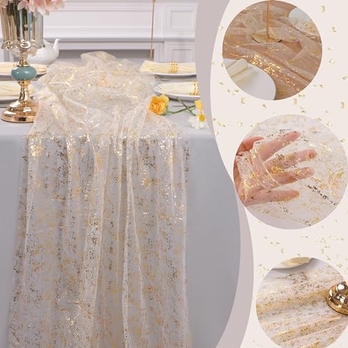 10 Ft Sheer Gold Foil Table Runner, Chiffon Gauze Wedding Table Decor