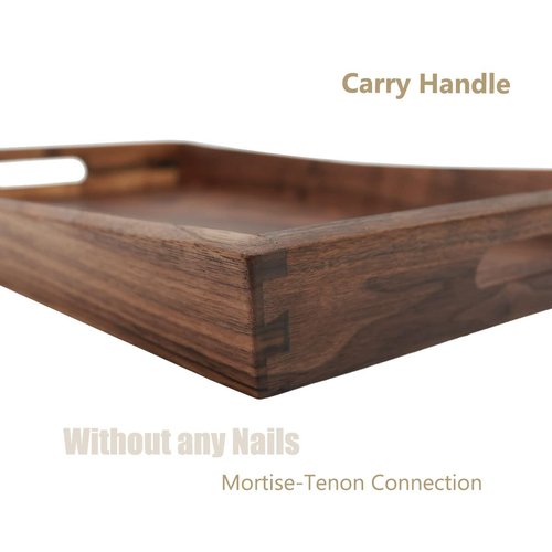 MAGIGO 22 x 14 Inches Large Rectangle Curved Black Walnut Wood Ottoman Tray with Handles, Serve Tea, Coffee, Classic Wooden Decorative Serving Tray