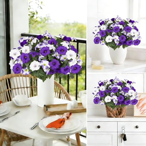 UV Resistant Outdoor Artificial Petunia Flowers - 6 Bundles (Purple-White)