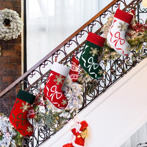 RoundFunny 18in Velvet Christmas Stockings Set of 4 with Embroidery - Red & Green