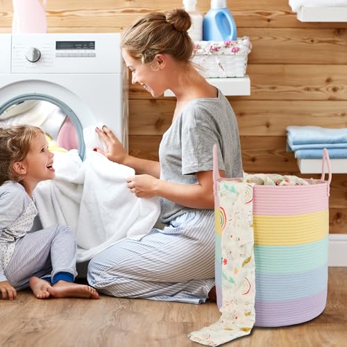 Rainbow Woven Cotton Rope Laundry Basket & Tall Nursery Storage Hamper
