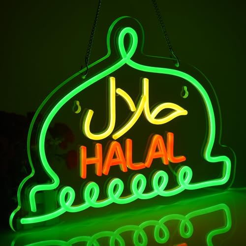 Halal Neon Sign with Dimmable USB Power - 16.1 x 11.8 in for Arabic Restaurants & Halal Food Stores