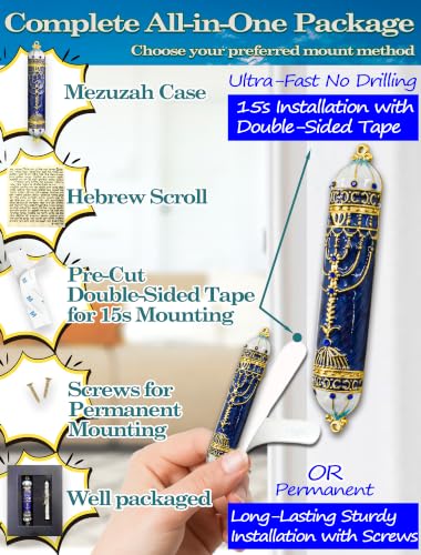 3.8-Inch Enamel Mezuzah Case with Scroll, Royal Blue Metal Door Mezuzah