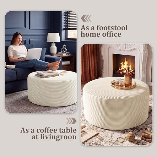 Round Corduroy Ottoman Footstool - 27.5-Inch Modern Padded Side Table