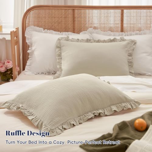 King Size Cotton Muslin Ruffle Pillow Shams, 2-Pack Breathable Gauze Covers