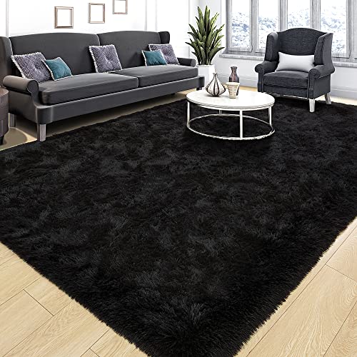 4x6 Black Fluffy Area Rug - Soft Plush Shaggy Carpet with Non-Slip Backing