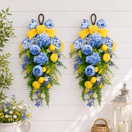 Lemon Floral Teardrop Swag Set, 2-Piece Chinoiserie Porch Door Decor