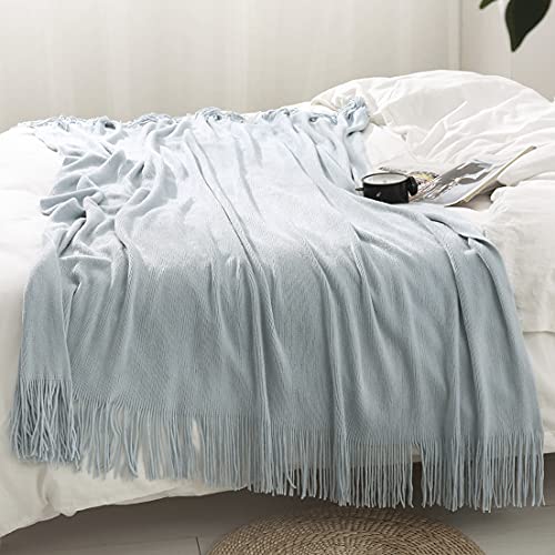Pale Blue Knitted Throw Blanket with Fringe, 50x60 Inch Soft Acrylic