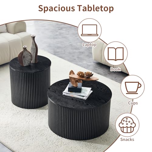 Round Nesting Coffee Table Set of 2 with Storage, Modern Fluted Wood Tables