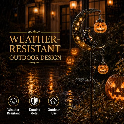 Solar Halloween Black Cat and Pumpkin Moon Garden Stake Light