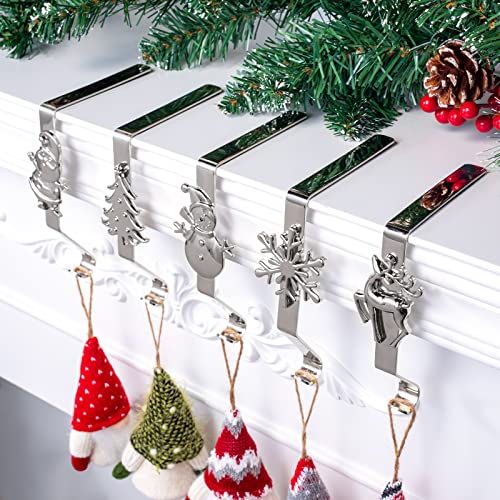 Set of 5 Christmas Stocking Holders for Mantel - Decorative Alloy Hooks