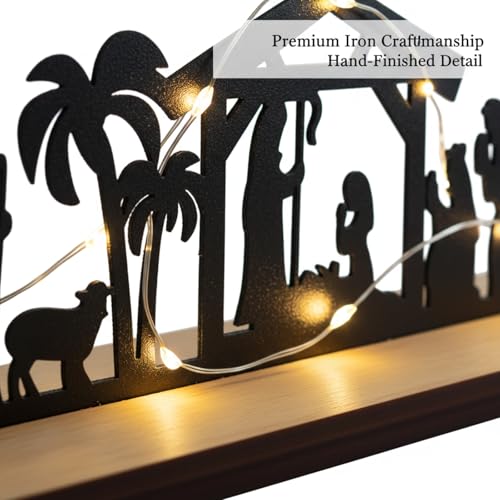 Black Metal Nativity Scene Silhouette Centerpiece with Wooden Base