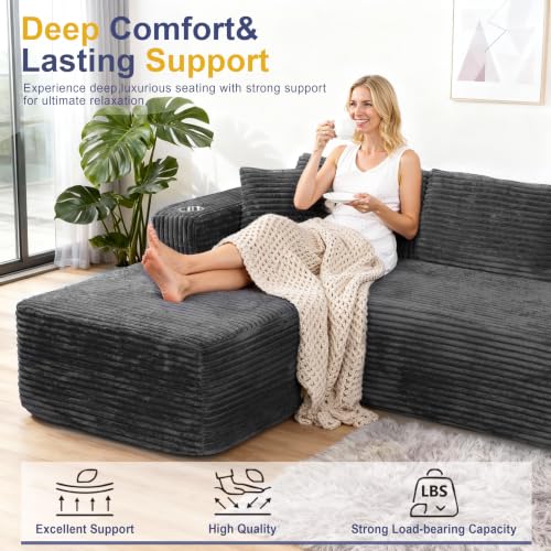 103-inch Modular L-Shaped Sectional Sofa with Cup Holders, Dark Gray Corduroy