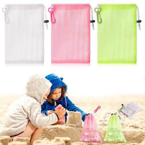 3 Pcs Mesh Beach Bags for Kids, Shell Collecting Net with Toggle Closure