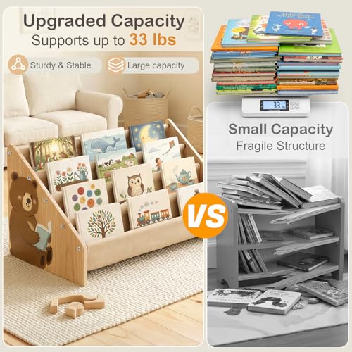 4-Tier Montessori Toddler Bookshelf - Solid Wood Nursery Book Organizer