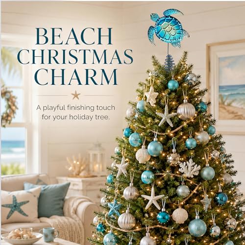 Metal Blue Sea Turtle Christmas Tree Topper | Coastal Nautical Beach Decor