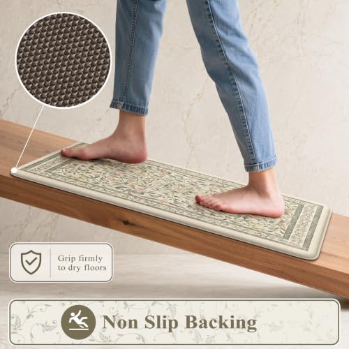 Anti-Fatigue Kitchen Mat Set, Boho Floral Cushioned Floor Rugs - 2 Piece