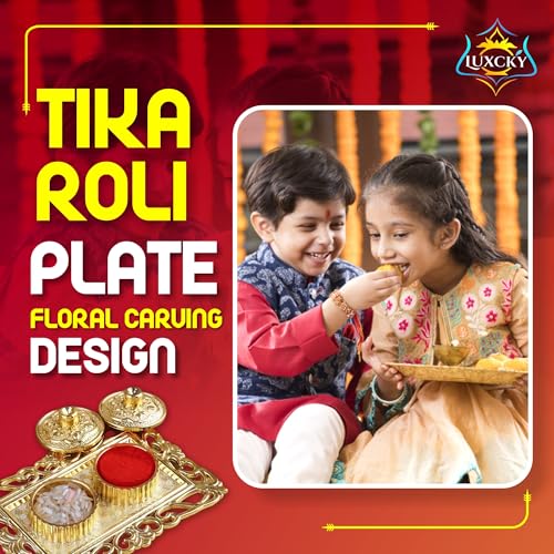 Golden Decorative Pooja Thali with Roli Chawal Holder for Diwali Rituals