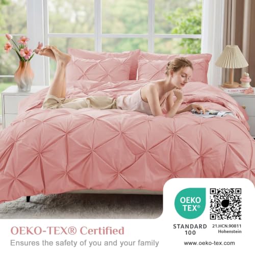 Queen Pintuck Comforter Set - 7-Piece All-Season Bed in a Bag, Pink