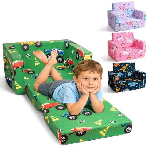 2-in-1 Foldable Toddler Couch and Lounger - Monster Truck Print