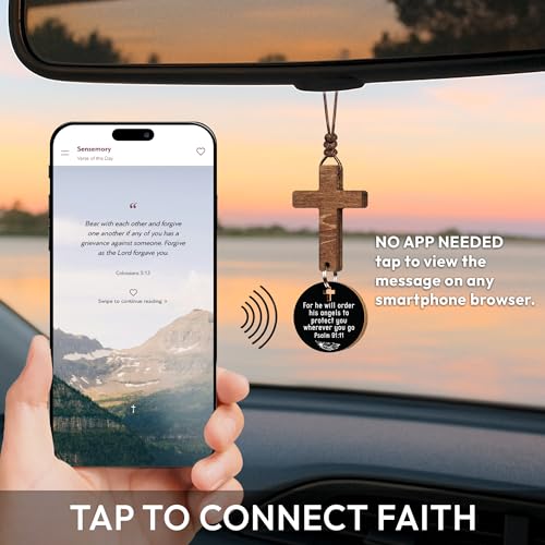 Handmade Wooden Hanging Cross for Car Mirror with Daily Bible Verse Scan
