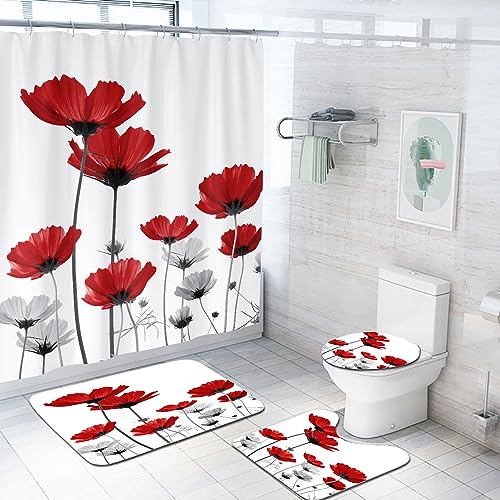 Coxila 4-Piece Red Floral Shower Curtain Set with Non-Slip Bath Mats