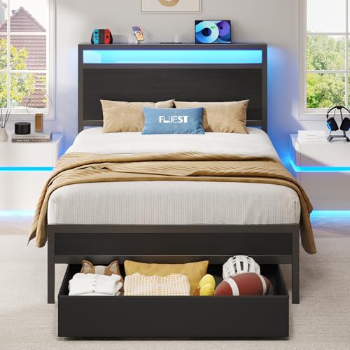 Twin Bed Frame with Storage Headboard, LED Lights & Charging Station