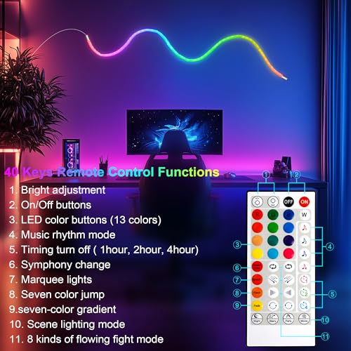 10ft USB LED Rope Lights, 360° RGB Music Sync Neon Lighting for Gaming Rooms