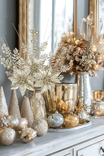 Oairse Champagne Artificial Poinsettia Flowers Picks 3 Pack Christmas Decor