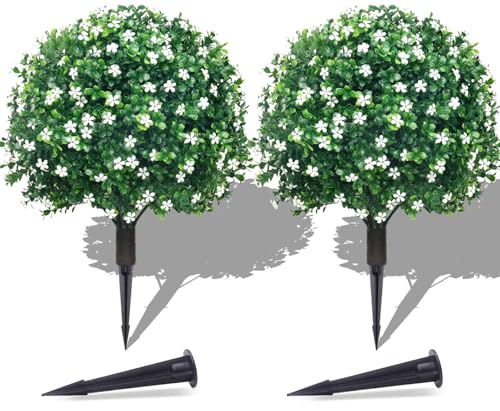 22-Inch Artificial Topiary Boxwood Ball Trees for Outdoor Decor, Set of 2