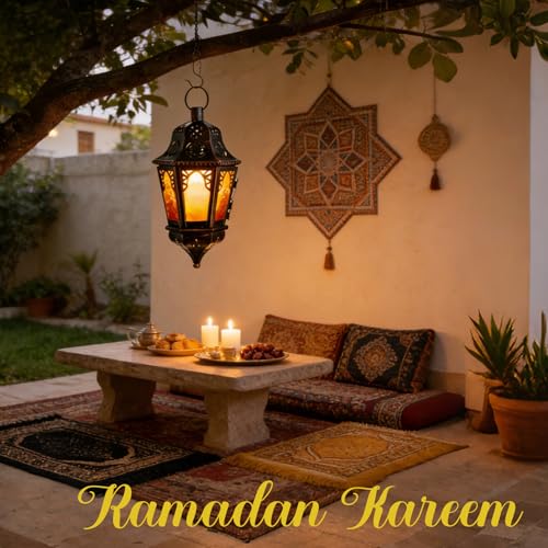 Moroccan Hanging Candle Lantern with Chain - 13.6" Amber Glass Decor