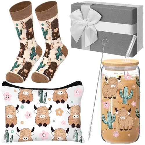Skylety Highland Cow Gift Set – Highland Cow Glass Cup, Makeup Bag & Socks (Variation: Highland Cow) for Women