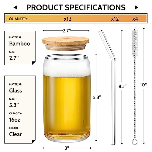 12-Piece Beer Can Shaped Glass Set with Bamboo Lids and Glass Straws