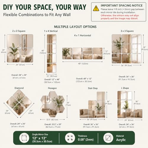 24 Pack 12x12 Inch Square Acrylic Mirror Tiles for Centerpieces and Wall Decor