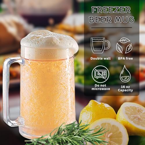 Double Wall Insulated Freezer Beer Mugs, 16 oz Cooling Gel Glasses - 2 Pack