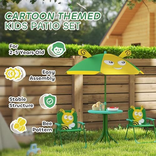 Kids Outdoor Garden Set with Adjustable Bee Pattern Umbrella, Play Table & Chairs