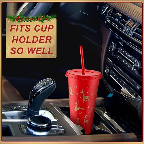 Sliner 10pcs Red & Gold Christmas Plastic Cups with Lid & Straw 24oz