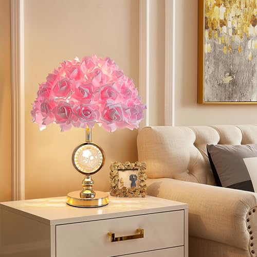 Pink Rose Flower Lamp with Crystal Ball - Modern Bedside Table Light for Girl Bedroom Decor