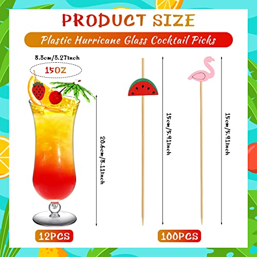 12 Pcs Plastic Hurricane Glasses & Cocktail Picks Set - 15oz Reusable Drinkware for Parties