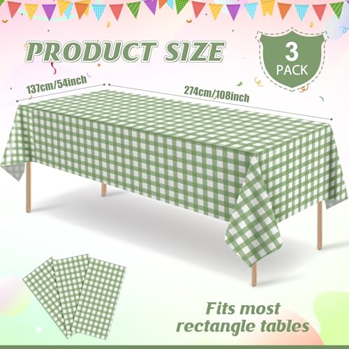 Sage Green Gingham Disposable Tablecloths 54 x 108 Inch (3 Pack)