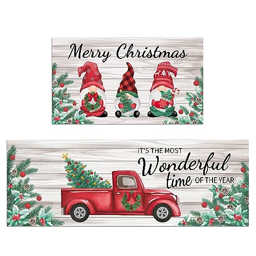 Christmas Kitchen Rugs Set - Non-Slip Holiday Gnome and Truck Floor Mats, 2-Piece