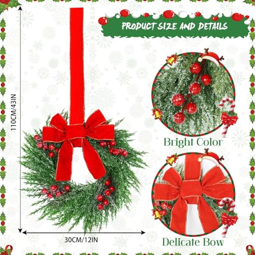 12-Inch Mini Christmas Wreaths for Cabinets with Red Bows, Set of 4