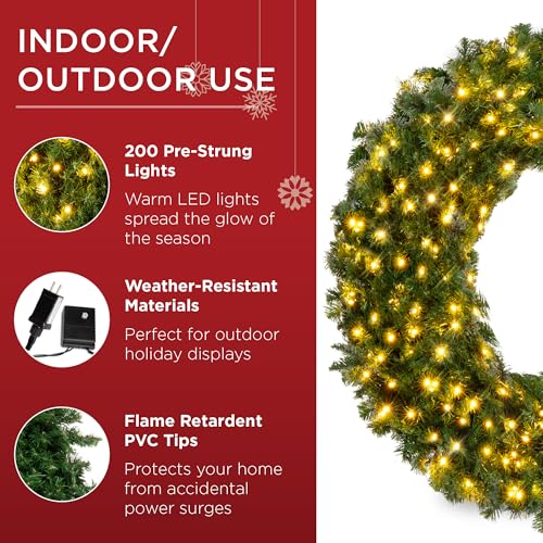 48-Inch Pre-Lit Artificial Christmas Wreath with 200 LED Lights & 714 Tips