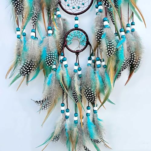 Large Boho Dream Catcher Wall Hanging, Handmade Turquoise Feather Decor